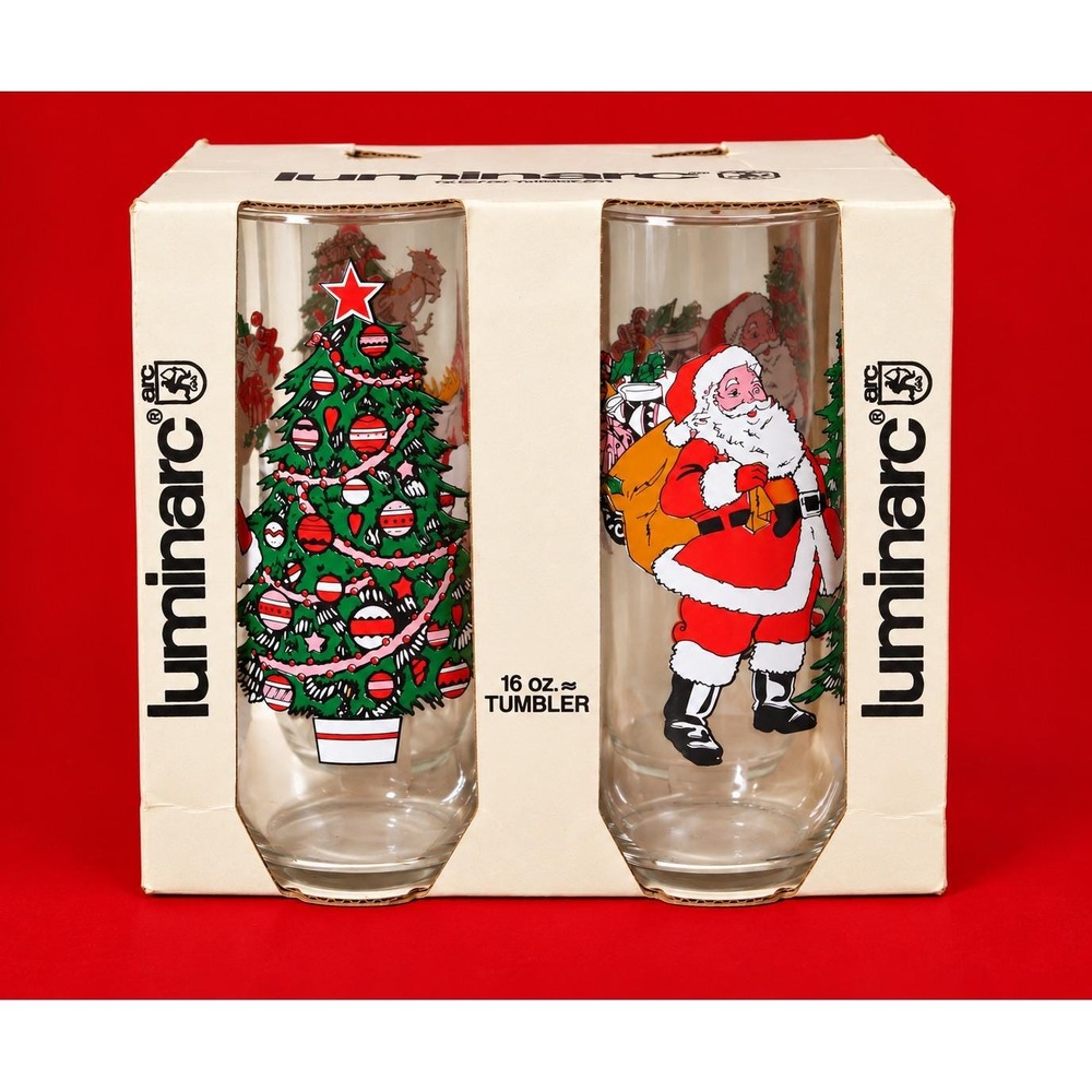 Luminarc New In Box VTG 1992 Christmas Tree Santa Claus 16 oz Tumblers- Set of 4